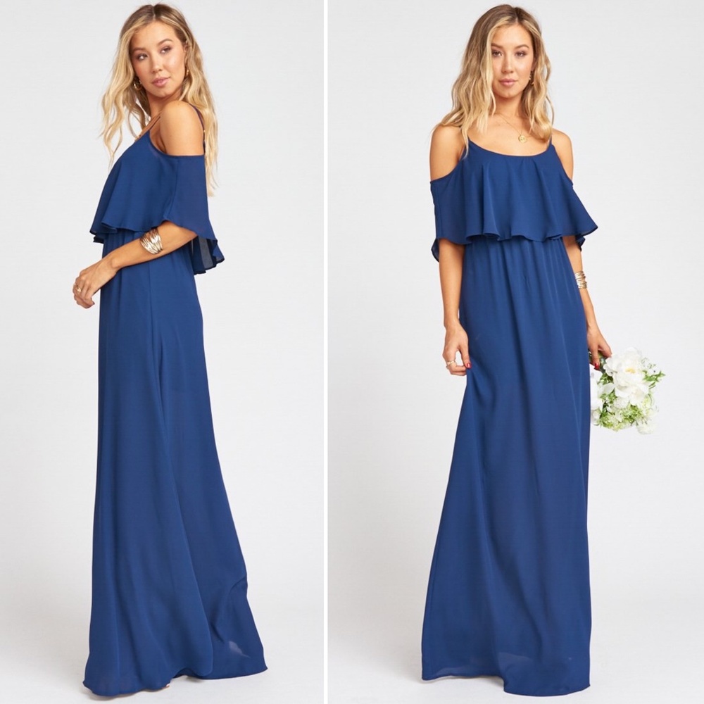 Show Me Your Mumu Navy Blue Caitlin Ruffle Maxi Bridesmaid Dress Gown Small